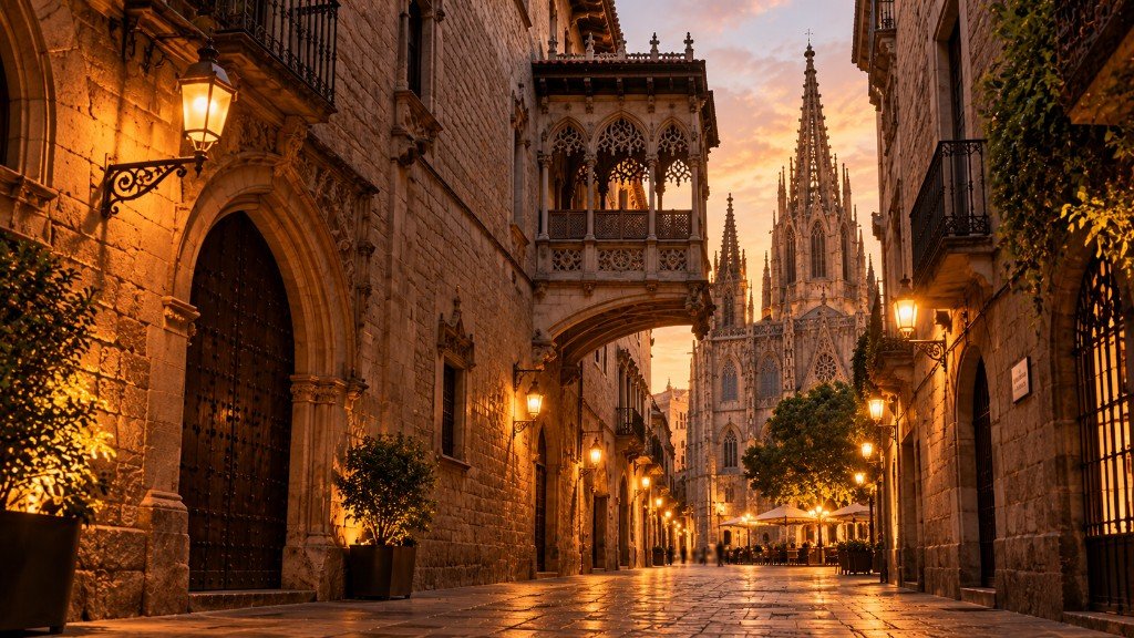 Calle del Barrio Gótico de Barcelona al atardecer, con un puente entre edificios y la catedral al fondo